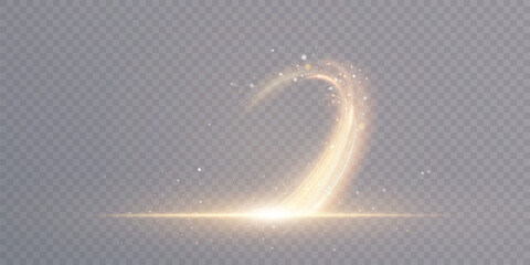 Golden light twirl, curve line light effect with sparks and bock. Glowing golden semicircle. Abstract light energy movement effect. Vector 10 EPS