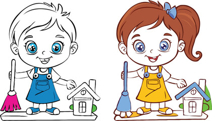 coloring page simple drawing of cartoon character  clean up the house, coloring book 