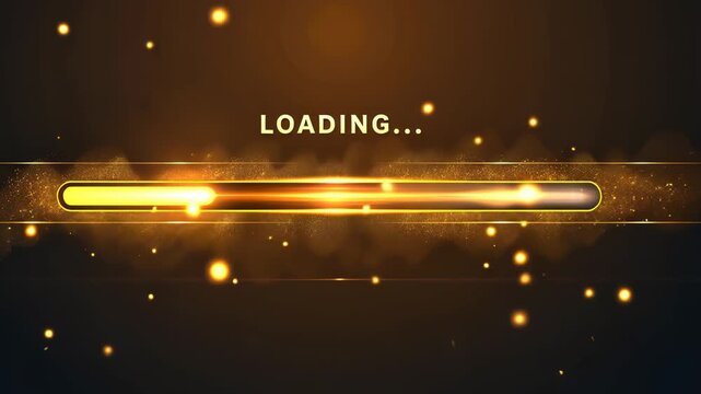 modern design featuring golden horizontal progress bar with text Loading.,sparkling, futuristic effect on dark gradient background, echnology themes, futuristic presentations, New Year’s events, 