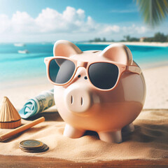 A piggy bank on a sunny beach wears sunglasses, hinting at financial planning for vacations
