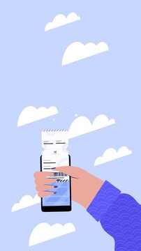 The hand of a man with a smartphone from which an online ticket appears. Vertical animation in flat art style about communication, technology and traveling