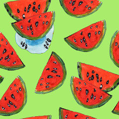 Hand drawn watercolor painting, seamless pattern. Slices of red watermelon on a lime green background