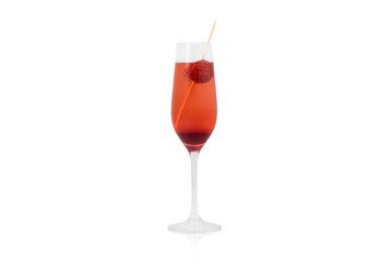 Elegant Kir Royale Cocktail with a Raspberry Garnish in a Champagne Flute on a White Background