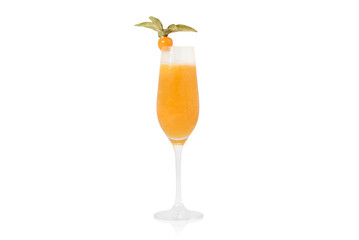Bellini Cocktail with Peach Puree and Prosecco Topped with a Physalis in a Champagne Flute