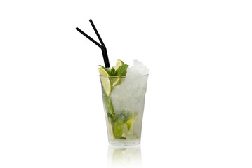Classic Mojito Cocktail with Fresh Lime, Mint, and Crushed Ice in a Highball Glass on a White Background