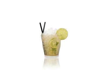 Classic Caipirinha Cocktail with Lime and Crushed Ice in a Glass on a Reflective White Background