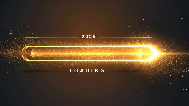 modern design featuring golden horizontal progress bar with text 2025 Loading.,sparkling, futuristic effect on dark gradient background, echnology themes, futuristic presentations, New Year&rsquo;s events, 
