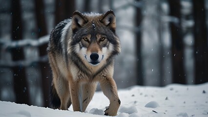 Obraz premium Gray wolf in a cold, snowy winter forest, capturing the wild beauty of the scene.