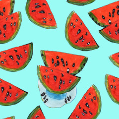 Hand drawn watercolor painting, seamless pattern. Slices of red watermelon on a turquoise background