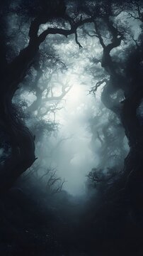 A dark forest with twisted trees, covered in a light mist