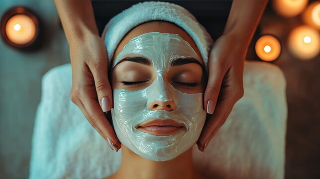 Spa therapist applying a hydrating facial mask to a woman, top view. The warm glow of candles adds to the relaxing and pampering experience.