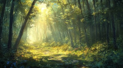 Naklejka premium Sunbeams Illuminate a Path Through a Lush Forest