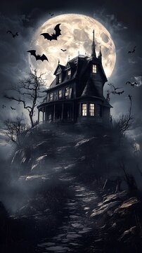 A spooky haunted house on a hill, with bats flying around and a full moon in the background