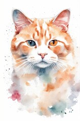 cat painted with watercolors on white paper