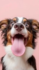 Fototapeta premium Funny and hungry Australian Shepherd licking his lips with his tongue on pink pastel background.