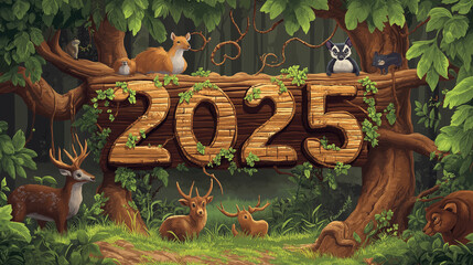 vector illustration, 2025 text made of wood, written on a tree in forest, concept of Happy New Year