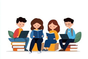 A diverse group of students engaging with books and technology, promoting learning and collaboration in an educational environment.