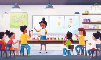 Diverse Group of Children Engaged in Science Experiment in a Colorful Classroom Setting