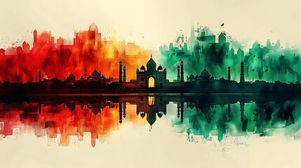 Design a watercolor scene with the Indian flag subtly blending into the New Delhi skyline, showcasing the silhouette of the iconic India Gate and the Lotus Temple,