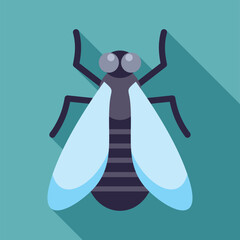 Big blue fly spreading its wings, simple flat vector illustration with long shadow on green background