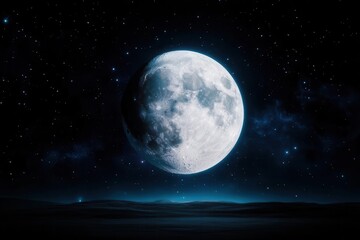 Fototapeta premium A stunning full moon illuminates a serene night sky, surrounded by stars and clouds, creating a tranquil atmosphere.