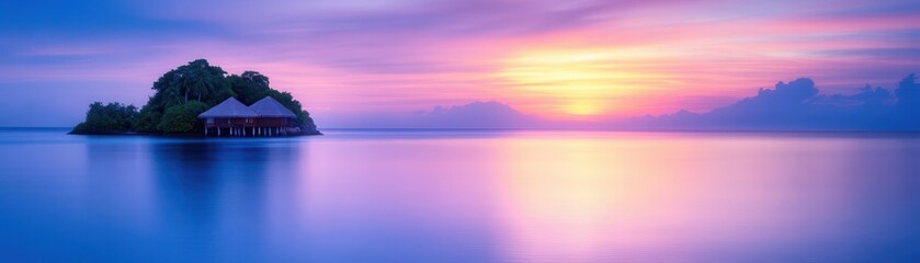 A tranquil island sunset with vibrant colors reflecting over calm waters, creating a serene atmosphere for relaxation and inspiration.