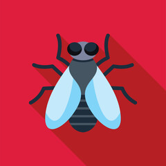 Illustration of a house fly spreading its wings on red background