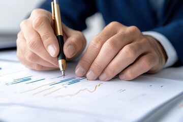 Naklejka premium Close-up of hands using a pen on a document with financial graphs, illustrating analysis and business strategy.