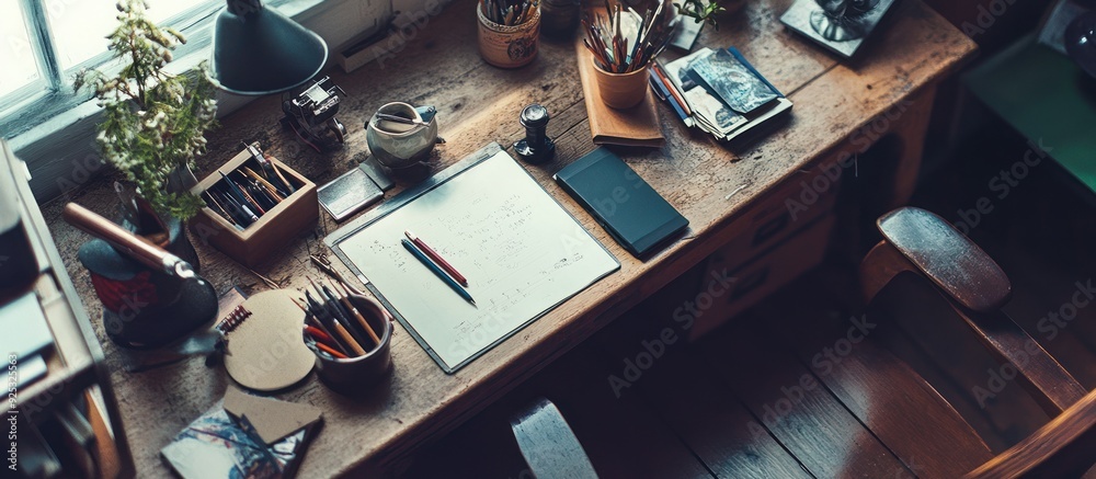 Poster Wooden Desk with Various Writing Tools and a Notebook