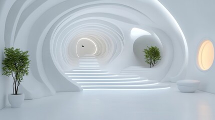 Fototapeta premium Futuristic interior featuring sleek, white curves and greenery, creating a serene and modern environment perfect for design inspiration.