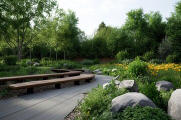 Serene garden path surrounded by vibrant flowers and lush greenery, perfect for relaxation and nature appreciation.