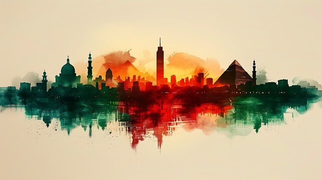 Develop a watercolor illustration of the Egyptian flag in soft hues, with the silhouette of Cairo&rsquo;s landmarks, including the Pyramids of Giza and the Nile River,