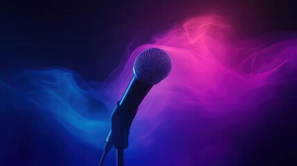 Vibrant microphone against a swirling backdrop of colorful smoke, ideal for music or performance-related themes.