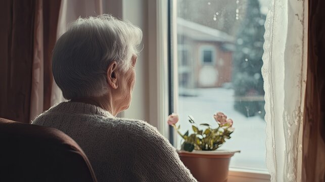 Take care elderly. Portrait of lonely senior woman in wheelchair at home. Elderly people. feeling sad and depressed looking window outside.