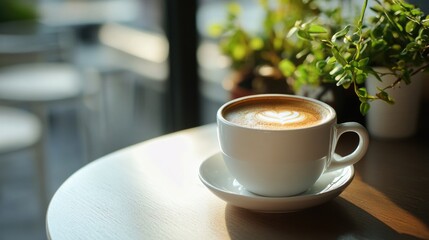Fototapeta premium Flat lay image of coffee cup on a table, capturing the warmth and comfort of coffee break in an urban setting.