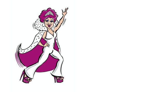 A fun animated cartoon of a drag queen dressed in a glittery jumpsuit in a dance pose. He is wearing a tiara, cape, jumpsuit and chunky high heels.