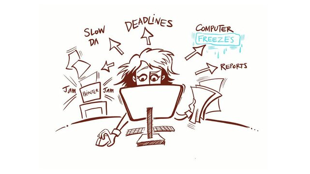 Cartoon animation of a frantic, stressed female. She is multitasking deadlines, slow data, printer jams and computer problems.