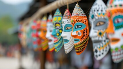 Three masks with red and yellow designs on them