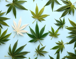 Marijuana leaves in various shades of green and white on a light blue background create with ai