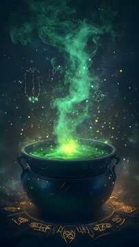A witch&rsquo;s cauldron bubbling with green smoke, surrounded by magical symbols