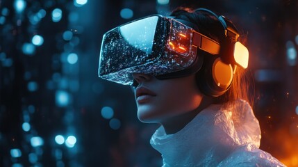 Woman in VR Headset Experiencing a Futuristic Digital World