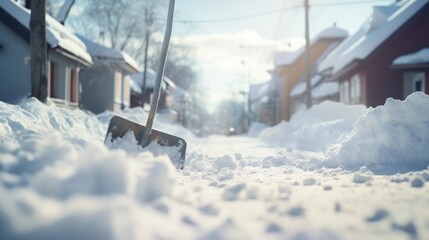 Shoveling snow outdoors on sunny winter day. Neural network ai generated art