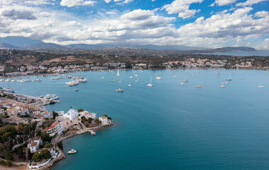 Fototapeta premium Greece, Aerial drone view of Porto Cheli, a summer resort town in Argolis, Peloponnese