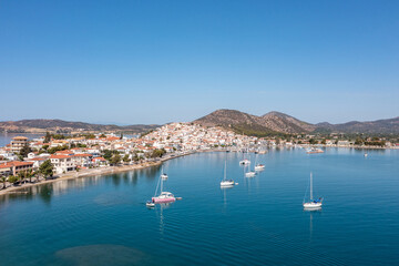 Obraz premium Greece, Aerial drone view of Ermioni, a small port town in Argolis, Peloponnese,