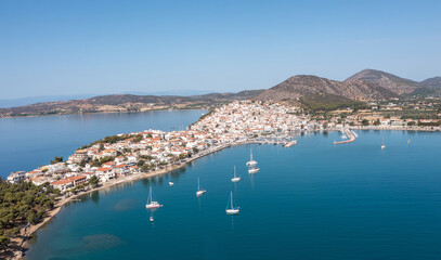 Naklejka premium Greece, Aerial drone view of Ermioni, a small port town in Argolis, Peloponnese,