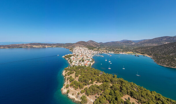 Greece, Aerial drone view of Ermioni, a small port town in Argolis, Peloponnese,