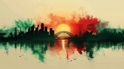 Fototapeta premium Paint a watercolor scene where the Australian flag gently fades into the Sydney skyline, with the silhouette of the Sydney Opera House and Harbour Bridge creating a striking composition,