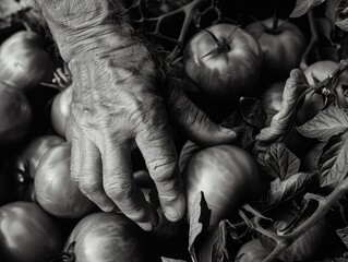 A farmer's hands holding a bunch of ripe tomatoes, signifying the work and effort involved in agriculture.