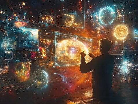 A lone figure interacts with a futuristic holographic display showcasing celestial objects.