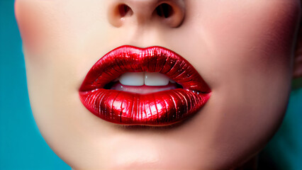Fototapeta premium Glamor portrait of lips: Sensuality and beauty in bright red makeup on a pale blue background